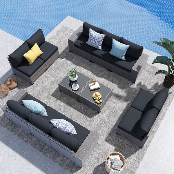 13Piece 10 Person Patio Free Combination Wicker Conversation Set With Waterproof Cushions and Firepit Table