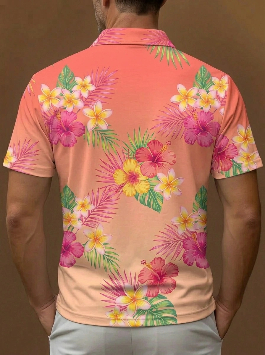 Peach Coral Tropical Hibiscus Floral Print Short Sleeve Golf Polo Shirt