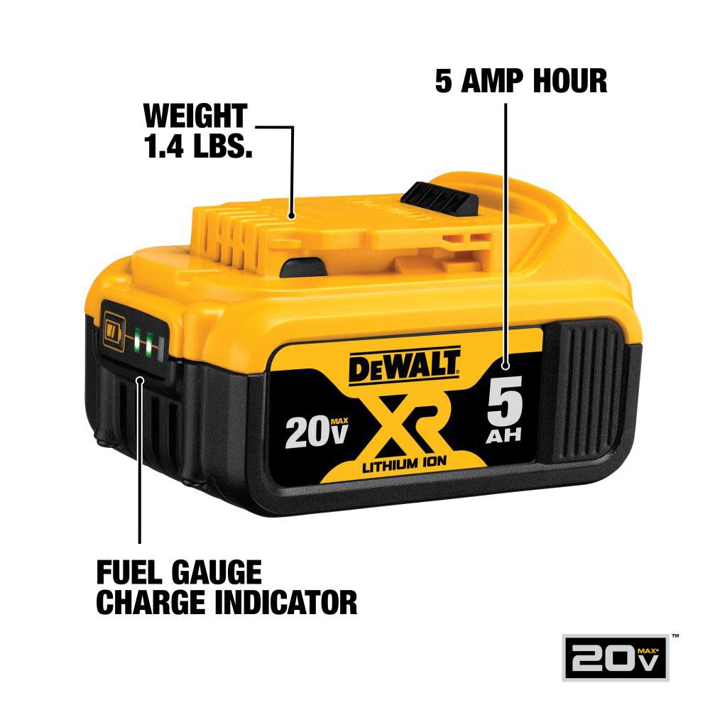 DEWALT 20V MAX XR 5.0Ah Battery 2 Pack with Charger and Bag DCB205-2CK