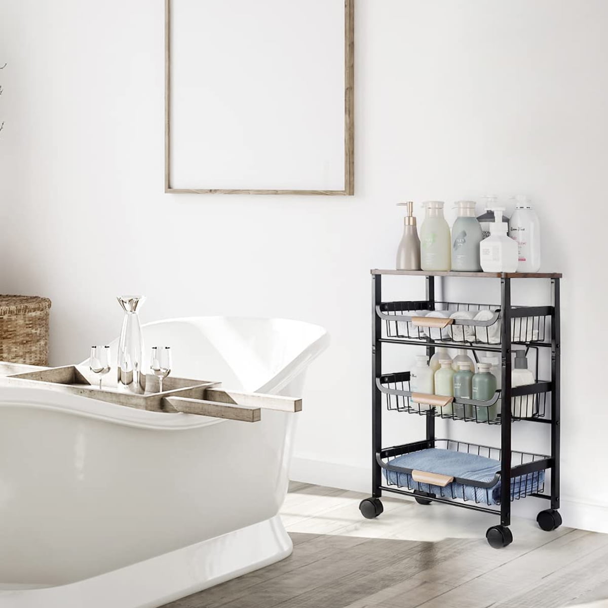 Werseon Kitchen Storage Rolling Cart, Kitchen Cart with Lockable Wheels, 4 Tier Metal Wire Basket Shelf Rolling Storage Cart, Black