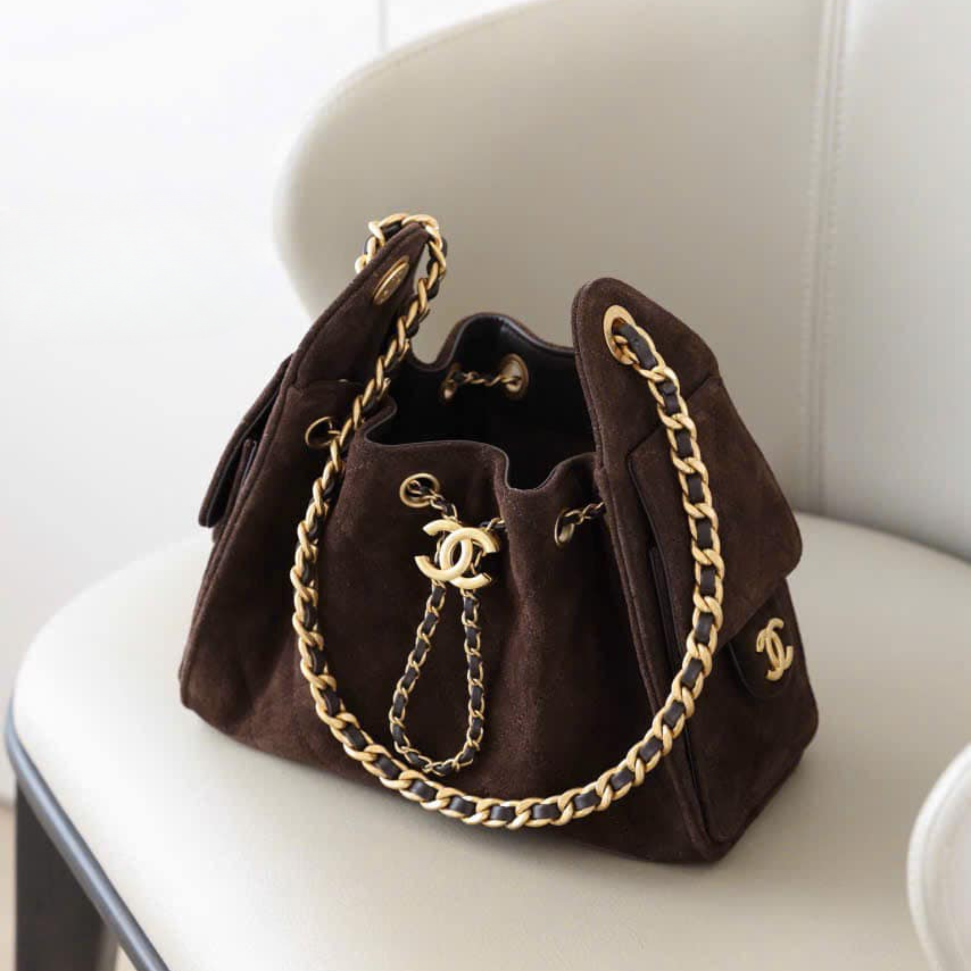 Chanel Suede Calfskin Gold Tone Metal Handbag 30cm/11.8in