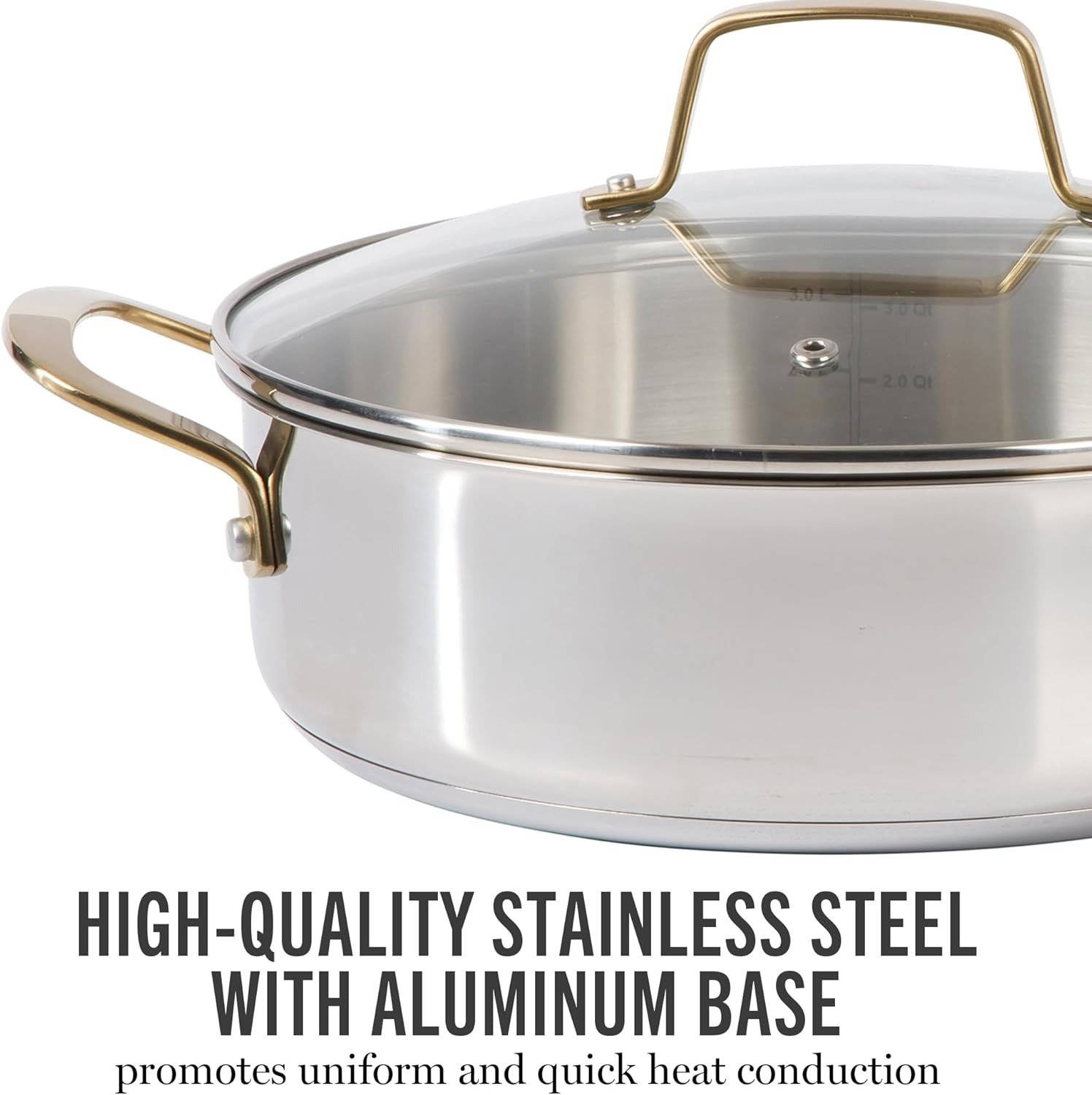 10-Piece Stainless Steel Cookware Set Induction Safe Gold Handle Brushed Finish