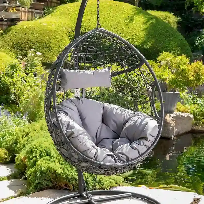Waterproof Wicker Hanging Basket Chair – Hammock-Style Seat with Cushions, 300 lb Weight Limit