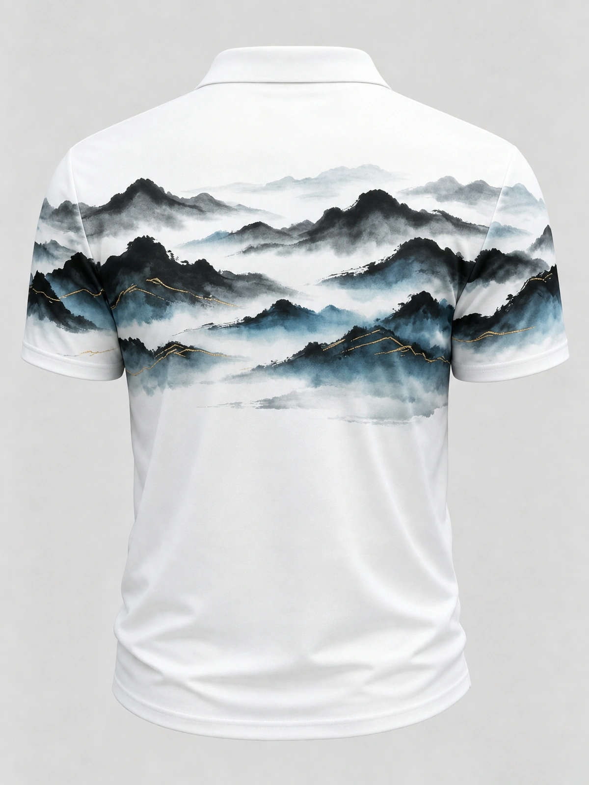Moisture Wicking Golf Polo 3D Chinese Ink Wash Mountain Landscape Button Short Sleeve Golf Polo Shirt