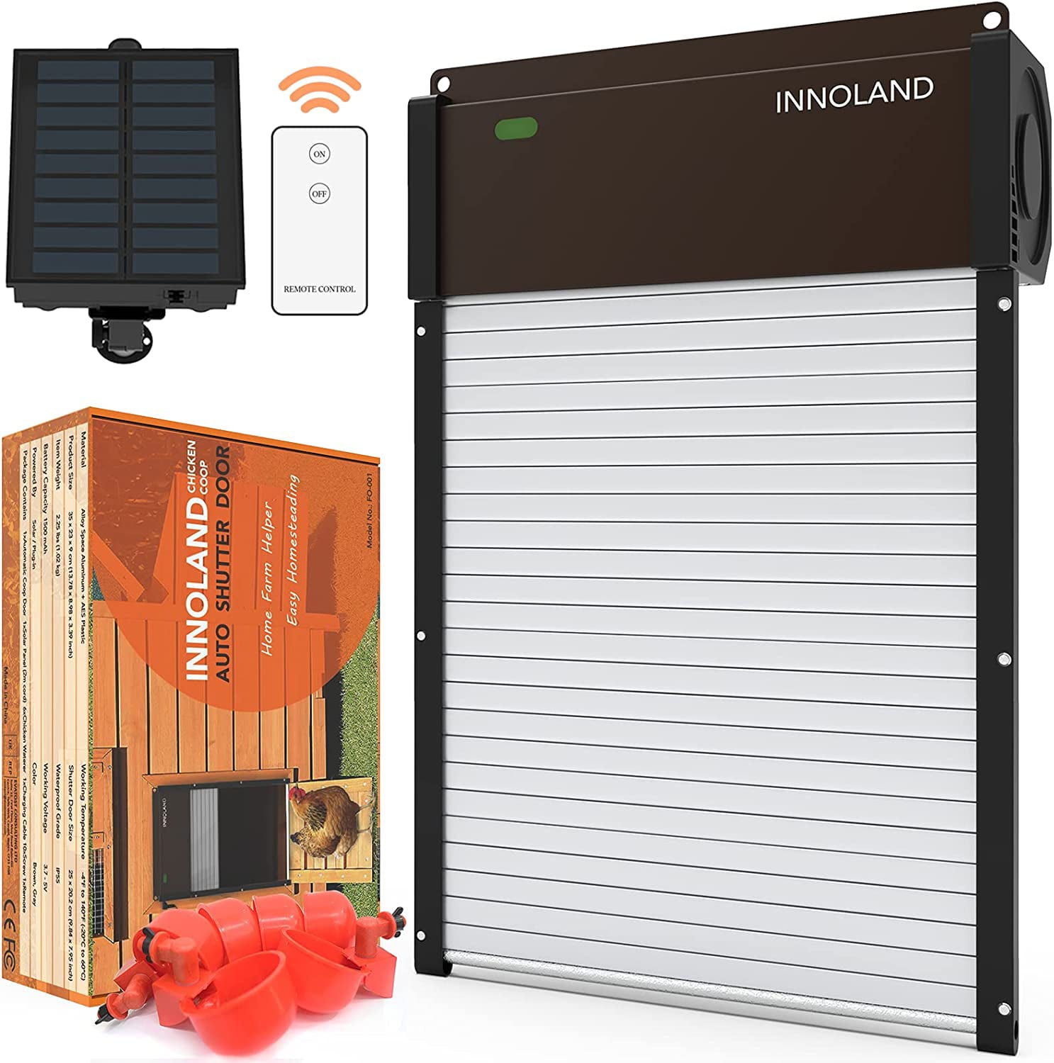 INNOLAND Automatic Chicken Coop Door Solar Powered, Aluminum Frame with Light-Weight AES Roller Shutter, Light Sensor, Daily Programmable Timer, Remote Control
