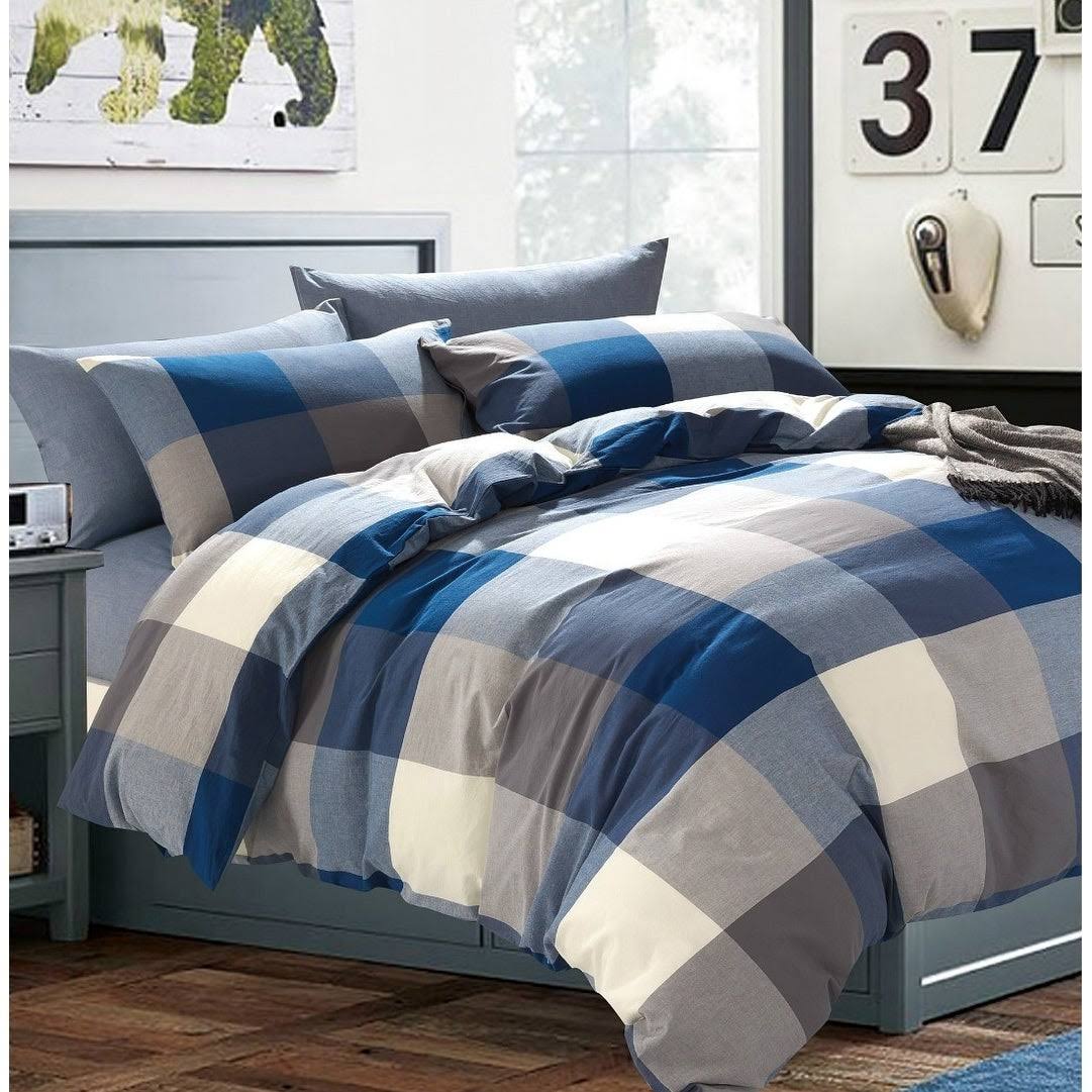 Copper Grove Gyumri Cotton Plaid Windowpane Check 3-Piece Duvet Cover Set Sapphire Queen (92x22 x 90x22), Queen