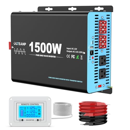 1500W Pure Sine Wave Inverter with Transfer Switch, 12V DC to 120V AC Converter with 2AC Outlets, USB Port, Type-C Port, Remote Controller, Power Inverter for RV, Outdoor, Auto Swtich to Shore Power