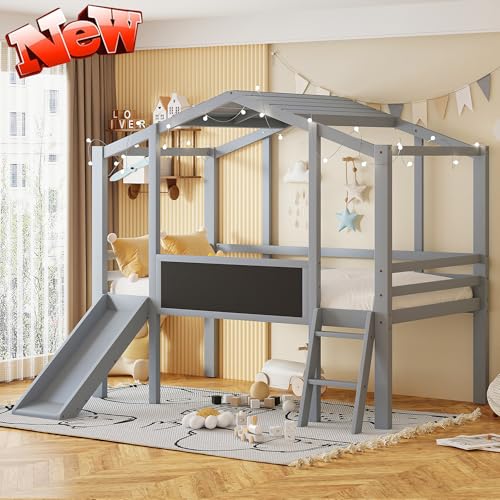 Harper & Bright Designs Kids Twin Low Loft Bed with Slide and Storage Shelves, Wood Playhouse Loft Bed Frame with a Tent & Stairs, Twin Storage Bed for Kids Boys Girls,White+Pink