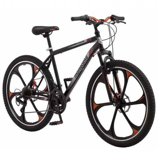 Mack Mag Wheel Mountain Bike, 26″ Wheels, 21 Speeds Shimano Revo Twist Shifters, Men’s Frame, Orange & White On Black