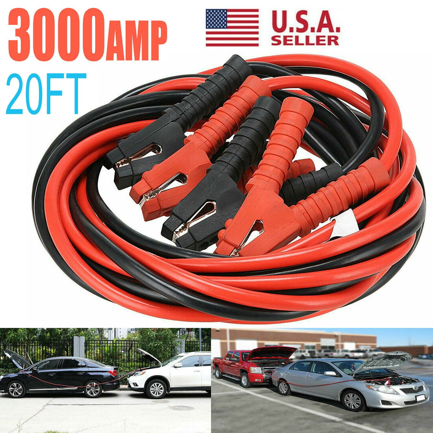 6m 3000A Car Battery Power Emergency Cable Jump Start Firing Line Power Wire Copper Clip Clamp Boost Cord Bateria Auto (Black and Red)