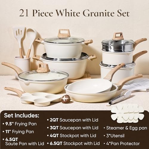 21Pcs Pots and Pans Set, Nonstick Cookware Sets, White Granite Induction Cookware Non Stick Cooking Set w/Frying Pans & Saucepans(PFOS, PFOA Free)