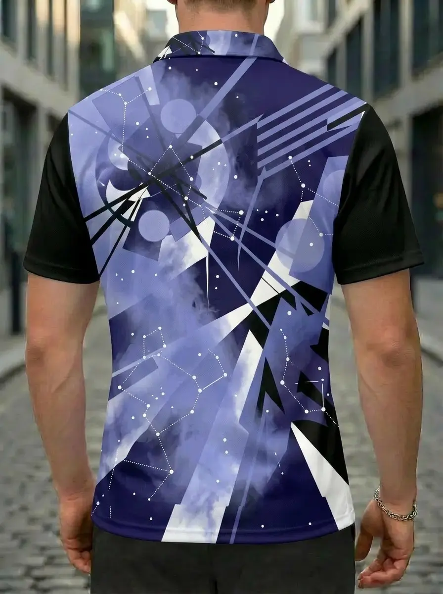 Moisture Wicking Golf Polo 3D Blue Black White Constellation Galaxy Button Short Sleeve Golf Polo Shirt