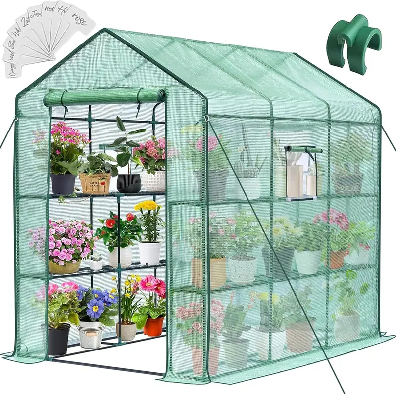 Portable Walk-In Greenhouse Kit – 57″ x 85″ x 76″, PE Cover, Mesh Ventilation, 8 Adjustable Shelves, Heavy-Duty Frame for Indoor/Outdoor Use