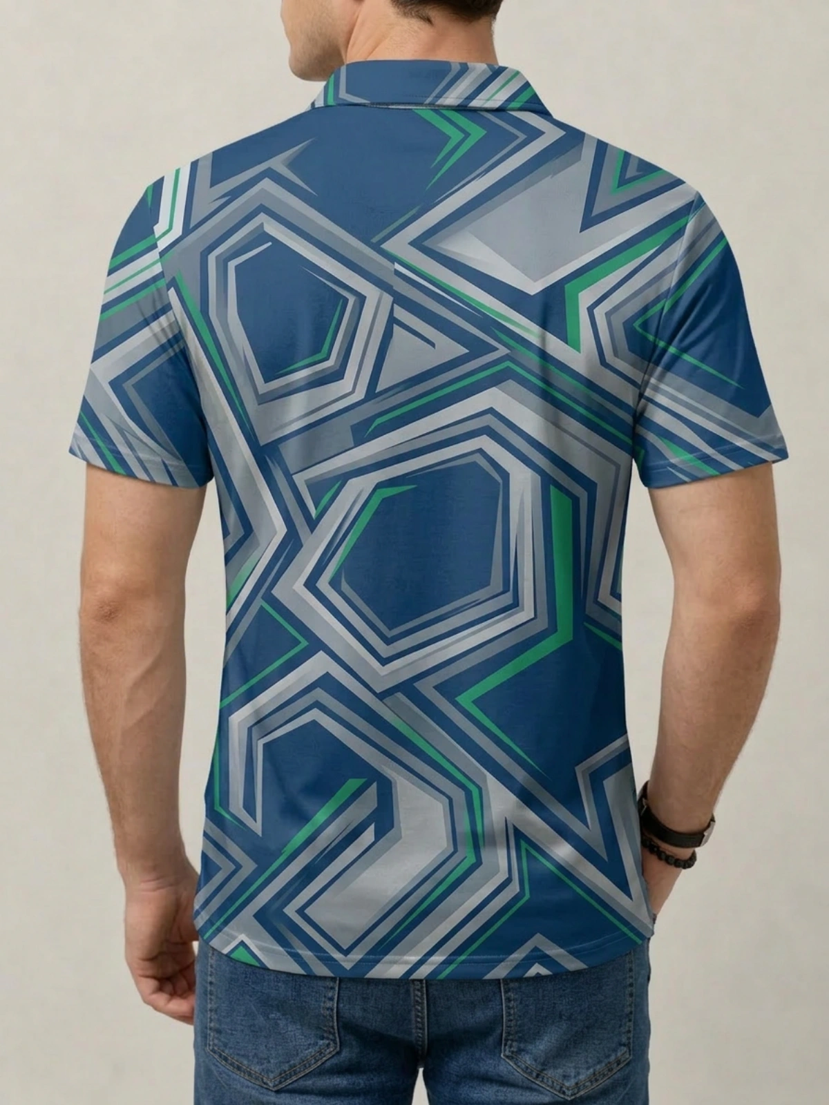 Blue Green Silver Geometric Star Print Short Sleeve Golf Polo Shirt