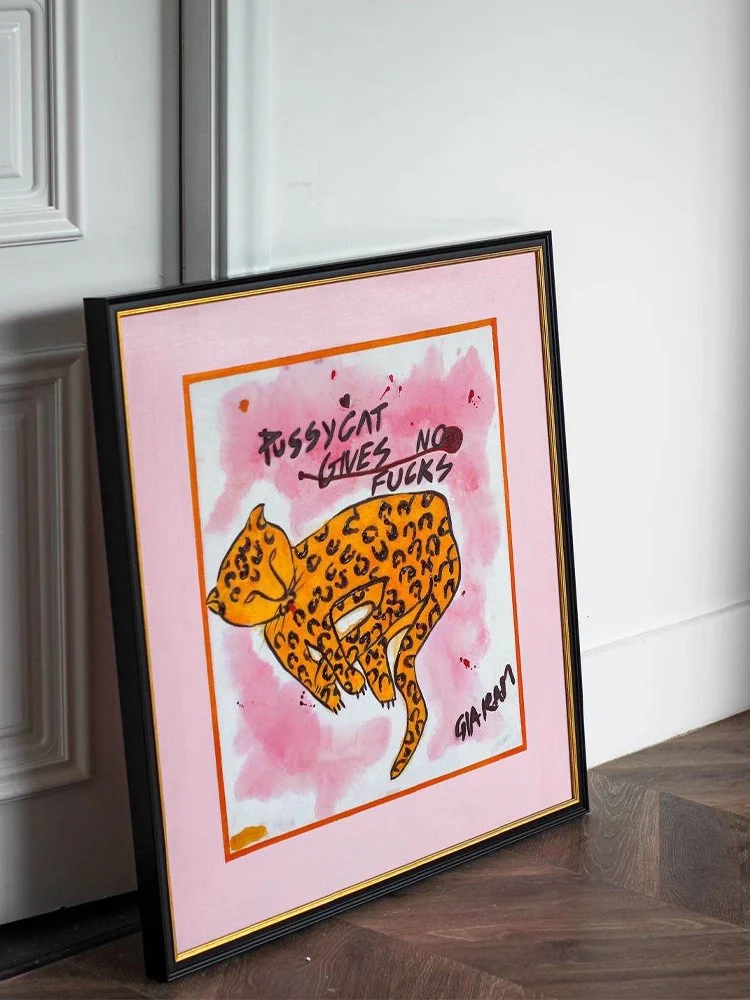 AH067 - Vintage Hand-Painted Oil Pink Leopard 