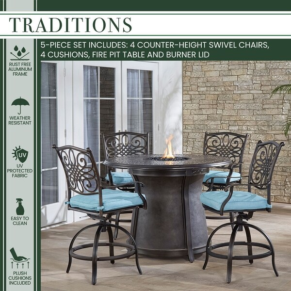 Hanover Traditions 5Piece HighDining Set with 4 Swivel Chairs and a 40,000 BTU Casttop Fire Pit Table