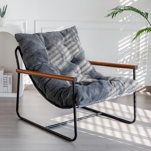 MAXYOYO Modern Accent Chair, Comfy Living Room Chair with Metal Frame Wooden Armrest, Upholstered Armchair with Soft Cushion for Bedroom Balcony Lounge Reading Room, Beige