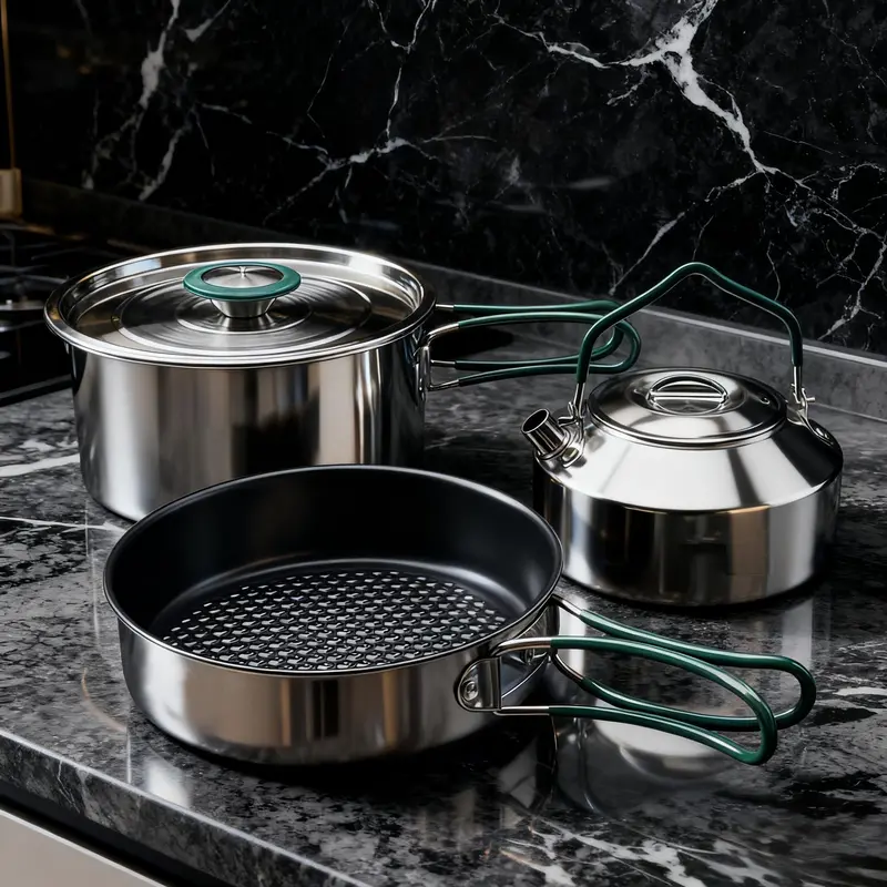 Stainless Steel Camping Cookware Set – Frying Pan, Saucepan & Kettle with Foldable Handles
