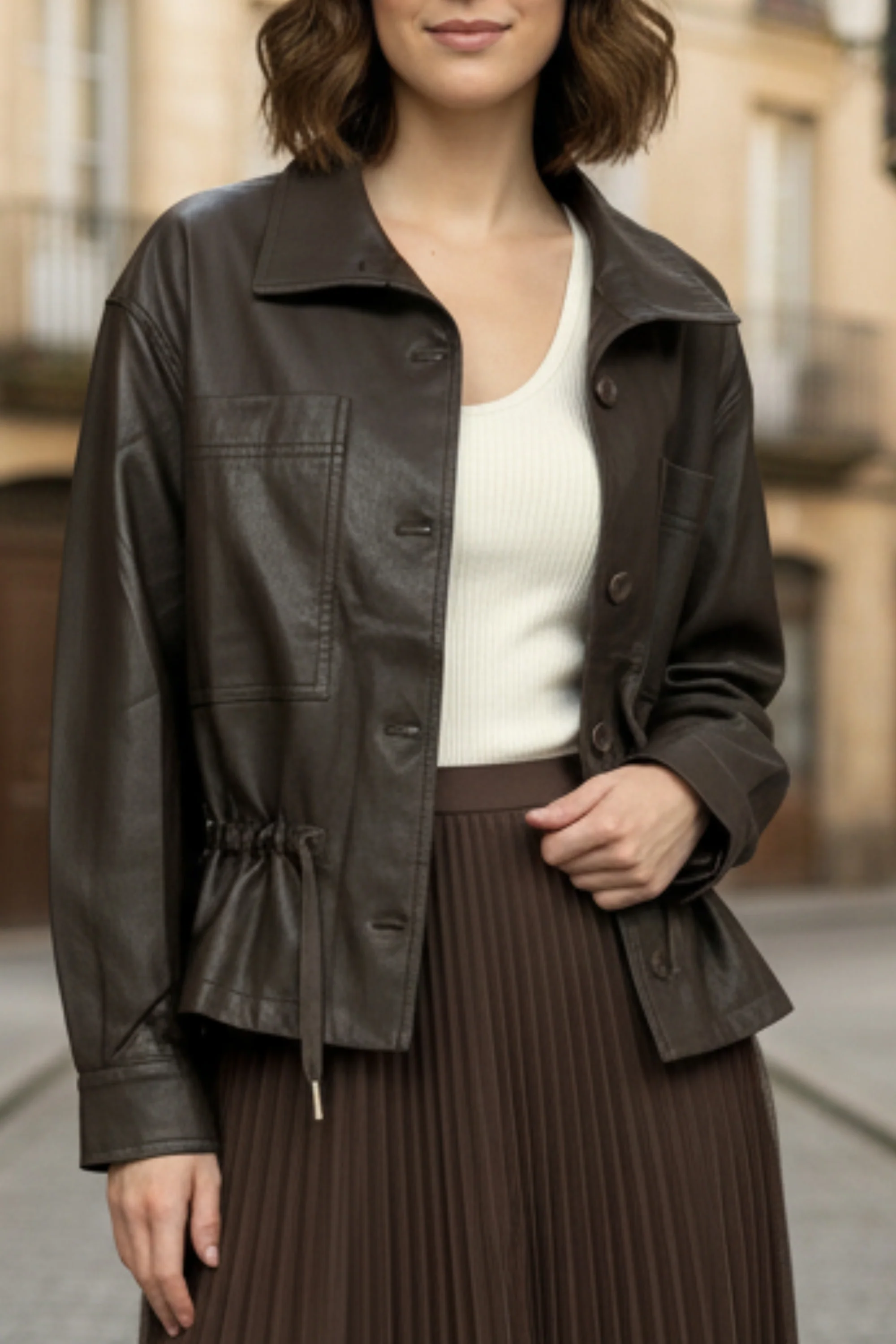Mocha Drawstring Faux Leather Jacket