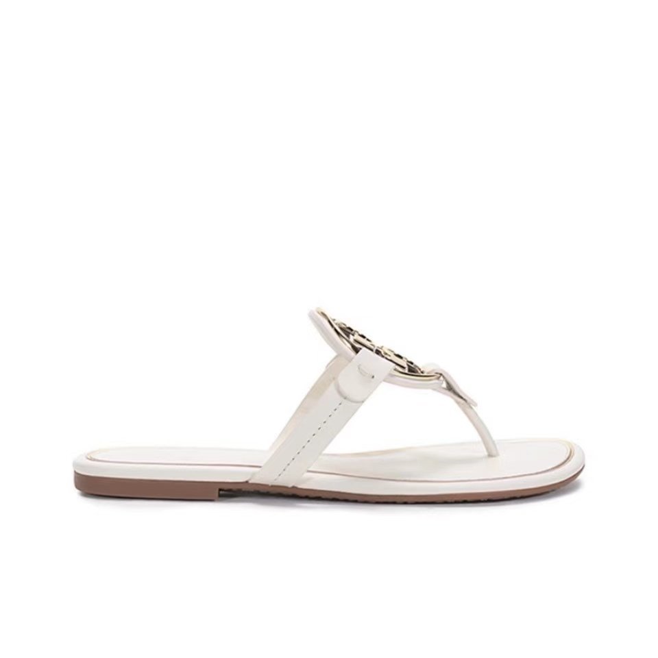 Tory Burch Leather Metal Double T Logo Flip-flops Sandals Slide