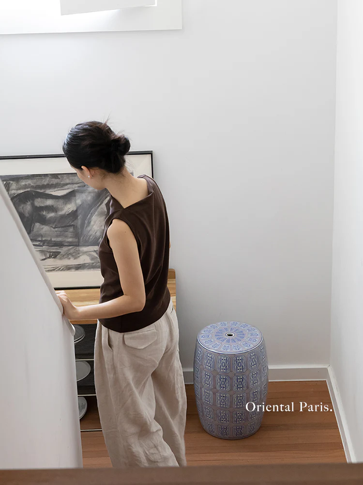 CH093 - Chinoiserie Hand-painted Ceramic Stool: New Chinese, Low Seat