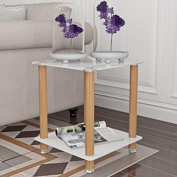 1Piece White+Oak Side Table ,2Tier Space End Table ,Modern Night Stand,Sofa table,Side Table with Storage Shelve