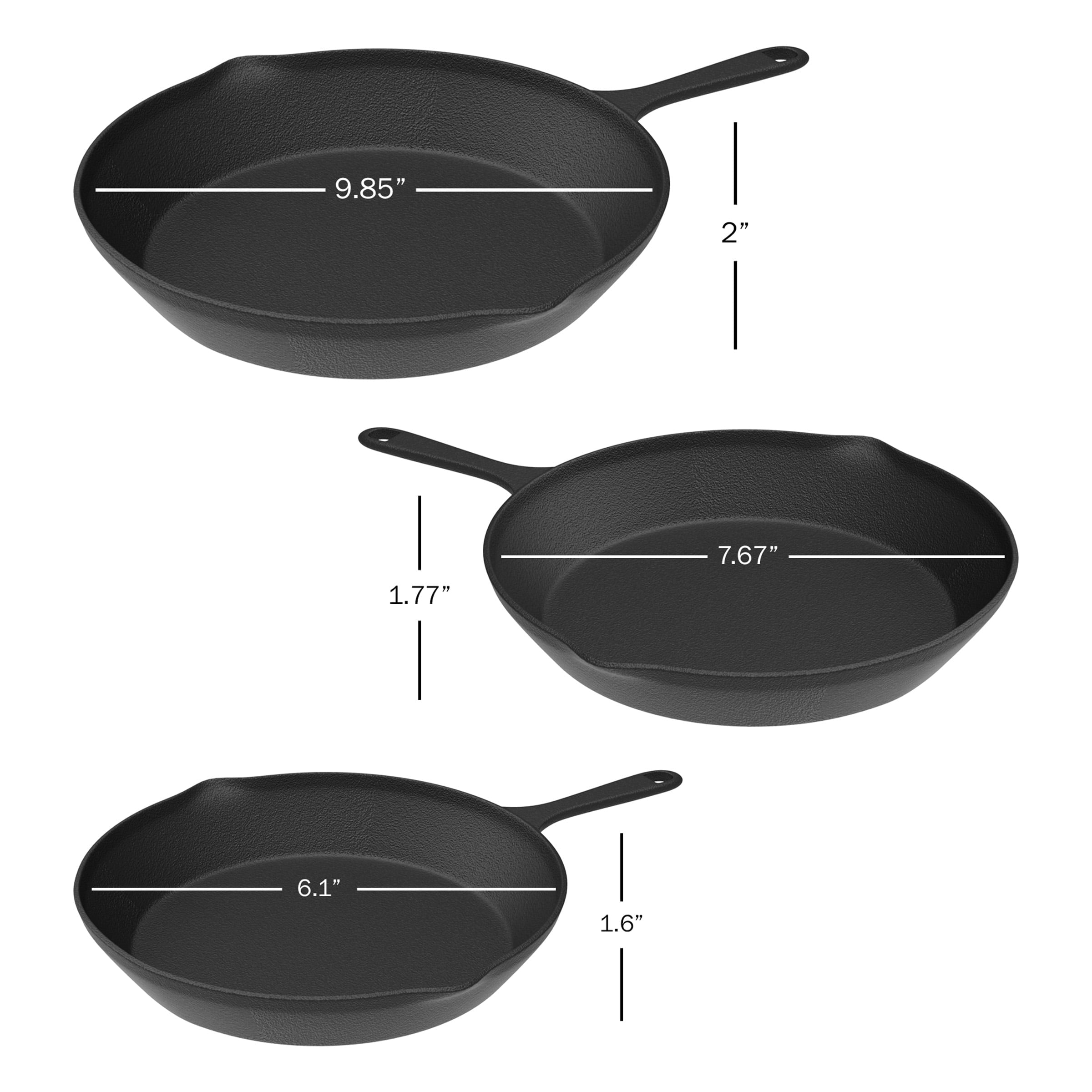 Frying Pans-Set of 3 Cast Iron Pre-Seasoned Nonstick Skillets in 10″, 8″, 6″ by Home-Complete