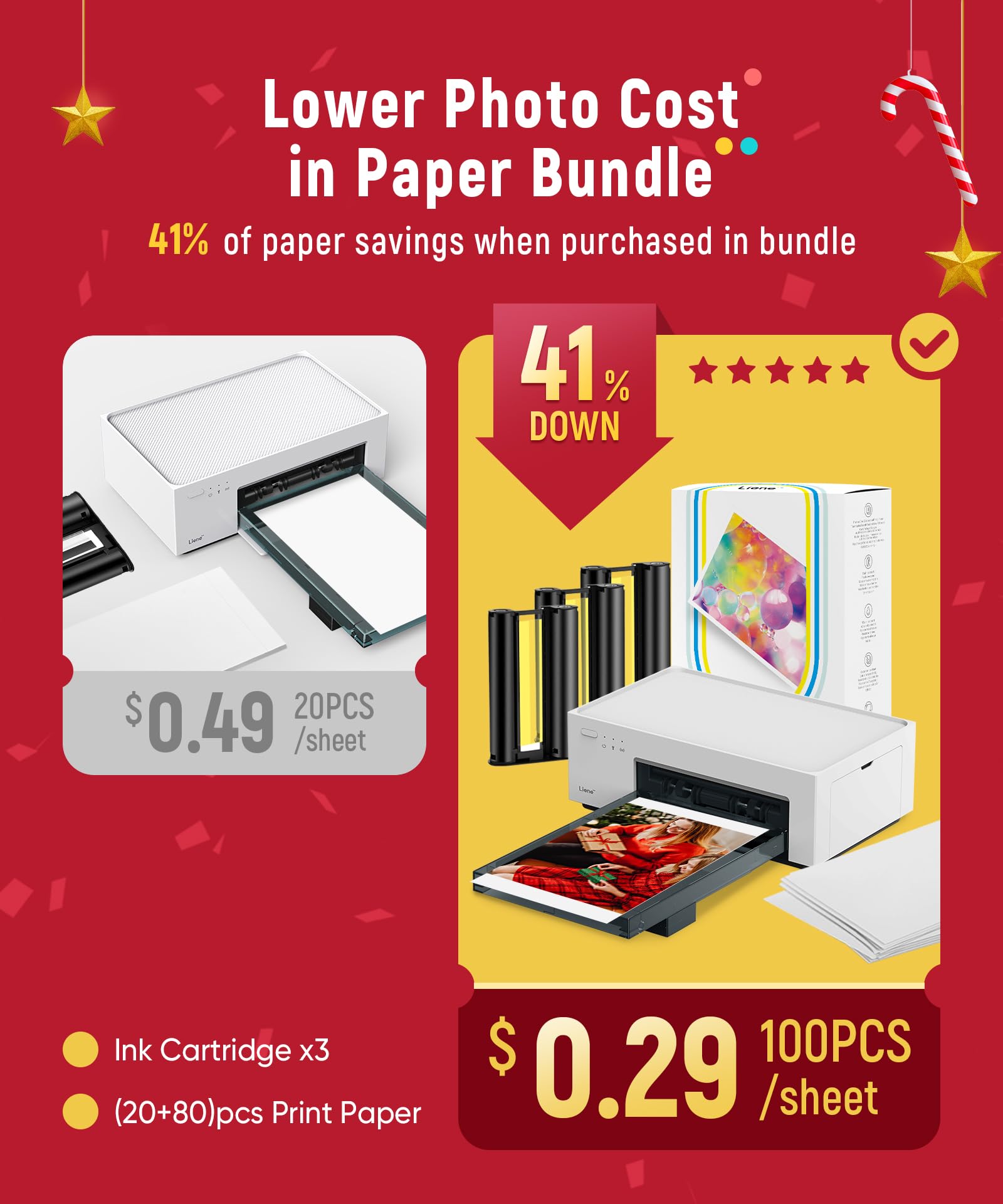 Liene 4x6'' Photo Printer, 100 Sheets, Full-Color Photo, for iPhone Android