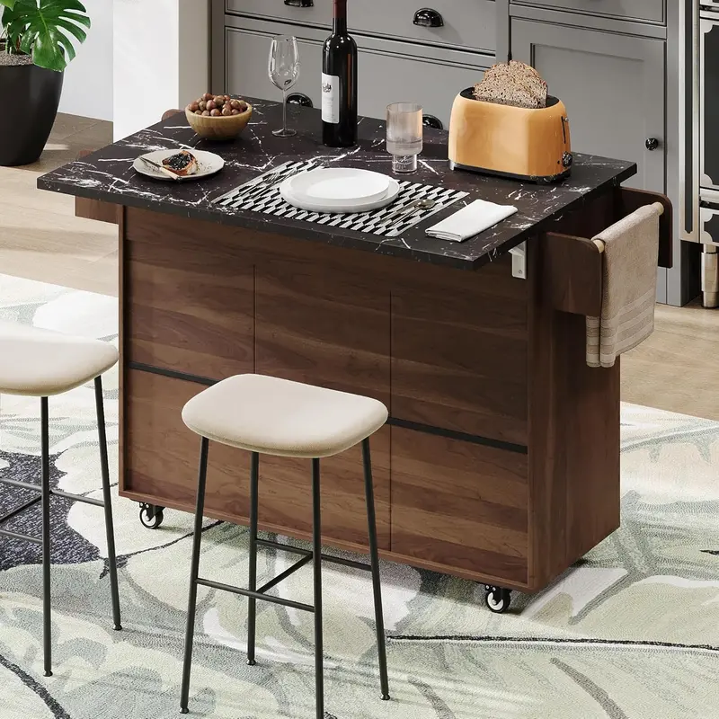 White Rolling Kitchen Island – Foldable Trolley with Trash Bin Compartment, Towel Rack, Drawers & Adjustable Shelves
