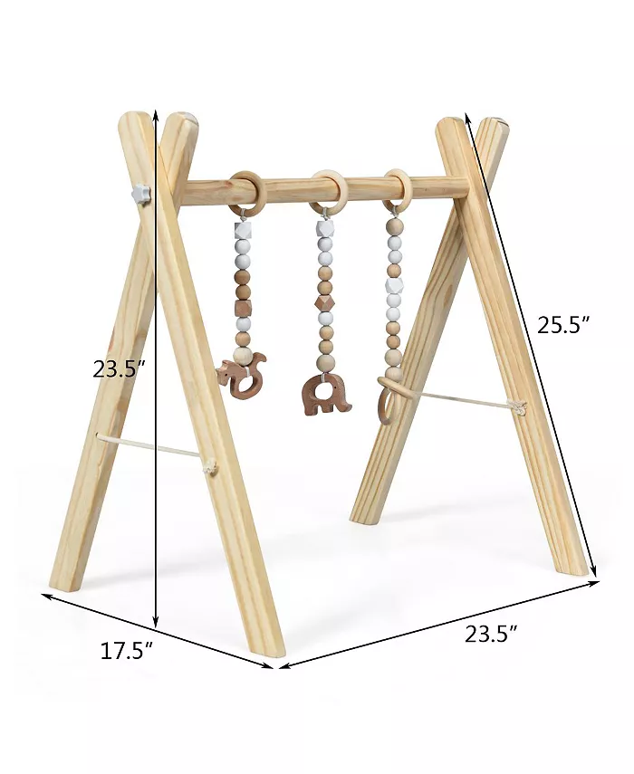 Costway Foldable Wooden Baby Gym with 3 Wooden Baby Teething Toys