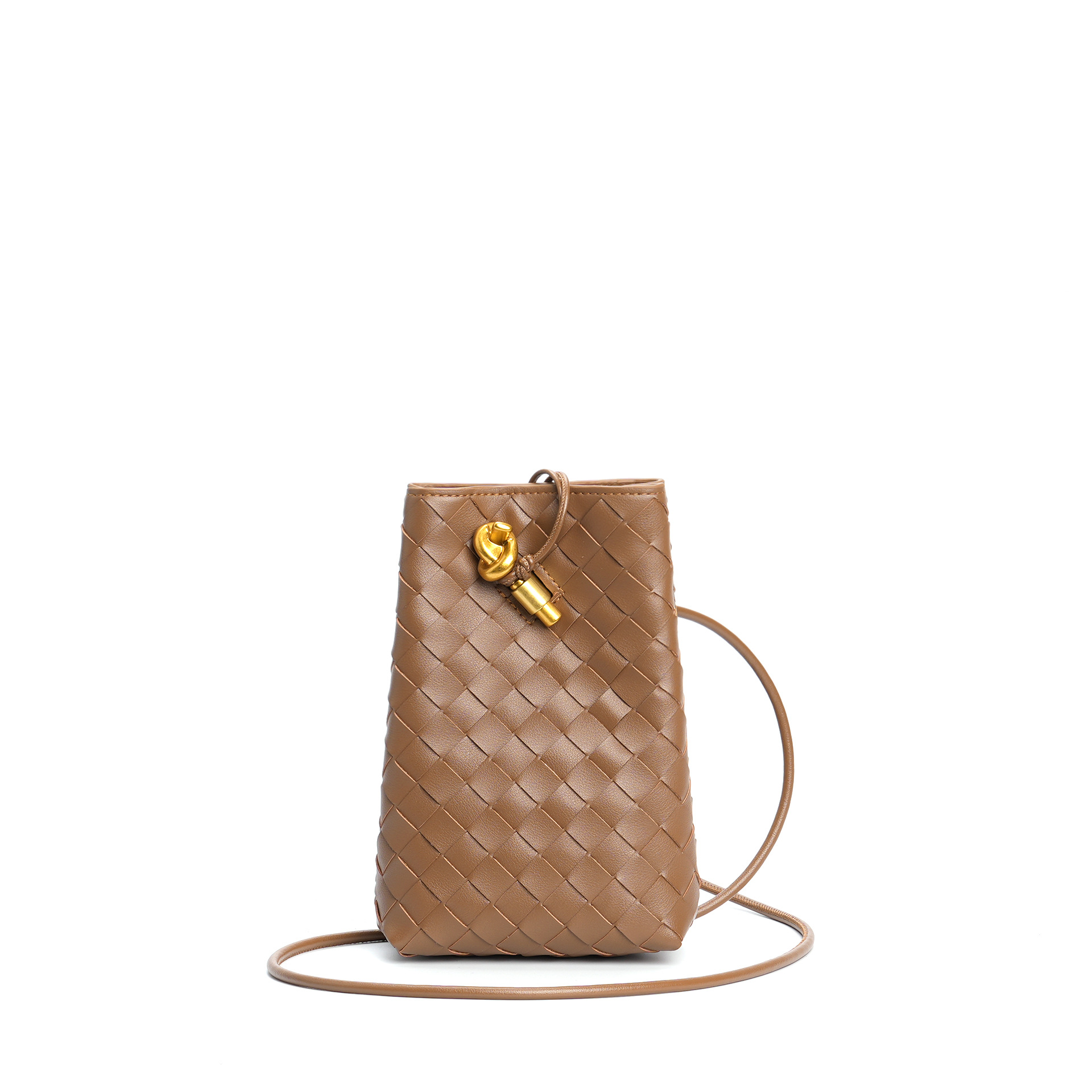 Tan Woven Leather Crossbody Bucket Bag