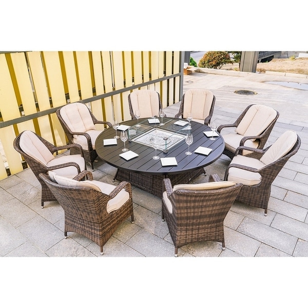 Moda 9 Piece Outdoor Wicker Gas Fire Pit Set Round Table with Chairs