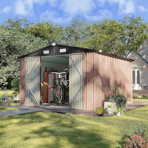 Aoxun 10 x 12FT Outdoor Storage Shed with Double Hinged Large Door Utility Garden Shed with Lockable Door & Sloped Roof Metal Sheds Outdoor Storage for Garden, Backyard, Patio and Backyard, Brown