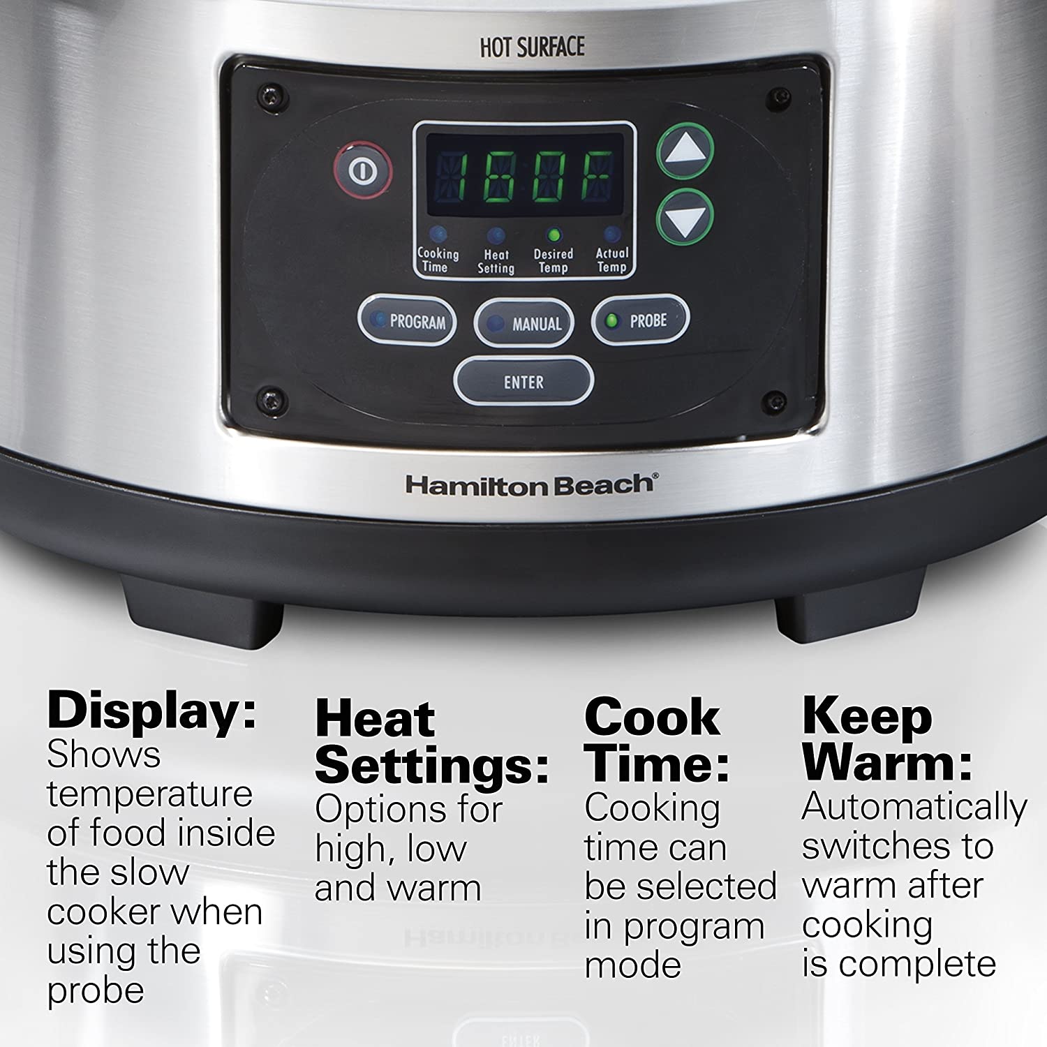 Hamilton Beach Portable 6-Quart Set and Forget Digital Programmable Slow Cooker with Lid Lock， Temperature Probe， Stainless Steel