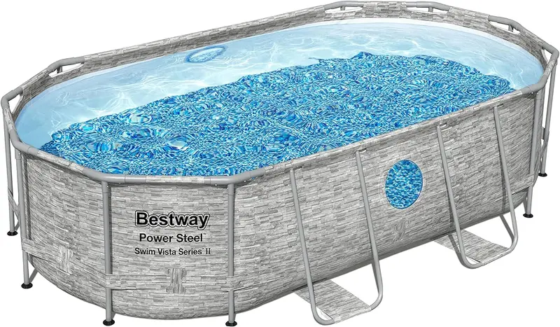 Power Steel Oval Above-Ground Pool Set – 14′ x 8’2″ x 39.5″ with 530 GPH Filter, Ladder & ChemConnect Dispenser