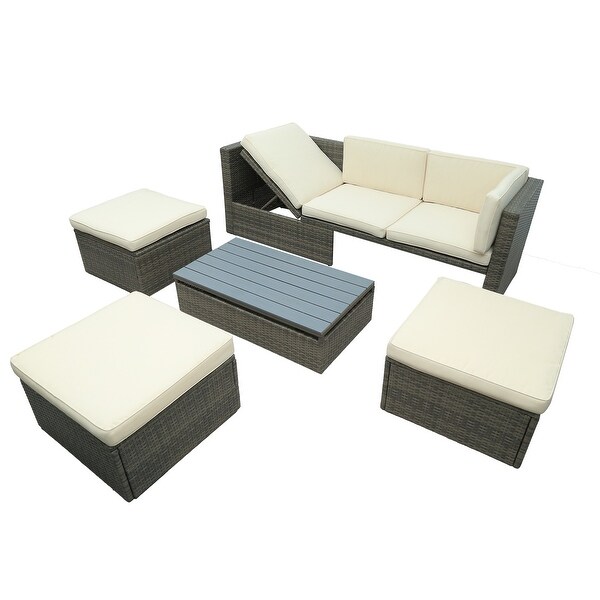 Roomfitters Patio Furniture Set,5Piece Wicker Sofa with Adjustable Backrest,Cushions,Ottomans,LiftTop Coffee Table