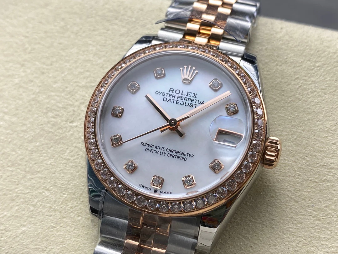 Datejust 28mm Pink Gold Steel Diamond Bezel White Mop Dial