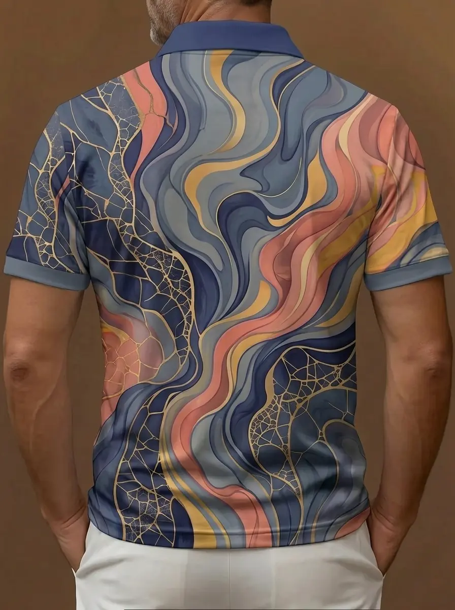 Blue Pink Gold Marble Swirl Print Short Sleeve Golf Polo Shirt