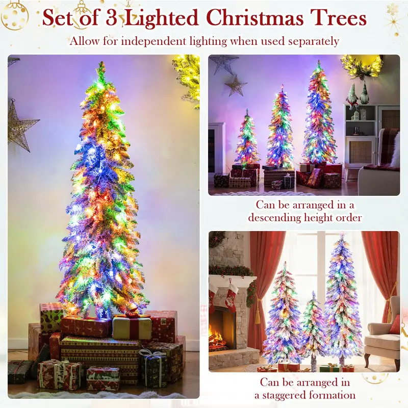Three-Piece Snow-Flocked Christmas Tree Set – 3’, 4’, and 5’ Trees with 300 Multicolor LEDs