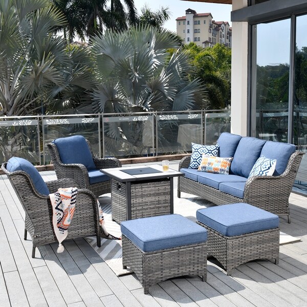 OVIOS Grey Wicker 6piece Patio Furniture Set With Fire Pit