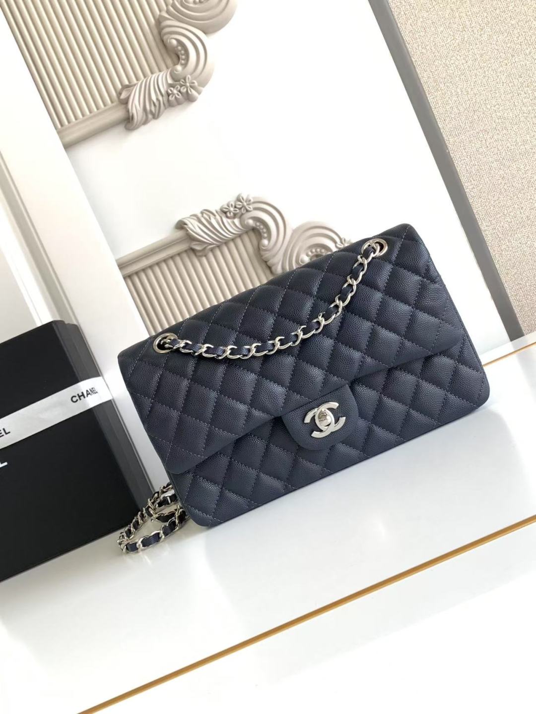 Chanel Classic Flap Bag 25 cm Navy Blue Silver-Tone Hardware A01112