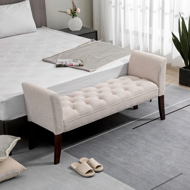 Homcom End Of Bed Bench With Button Tufted Design Upholstered Bench With Arms And Solid Wood Legs For Bedroom
