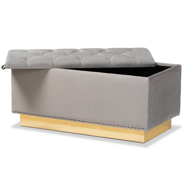 Powell Velvet Fabric Upholstered And Pu Leather Storage Ottoman Gold gray Baxton Studio