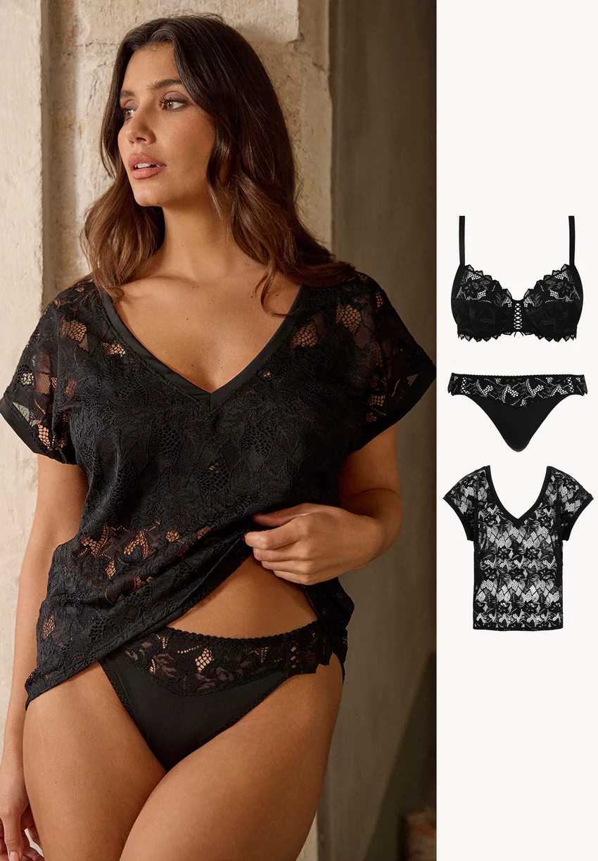 Ensemble Arum noir avec tanga et T-shirt dentelle