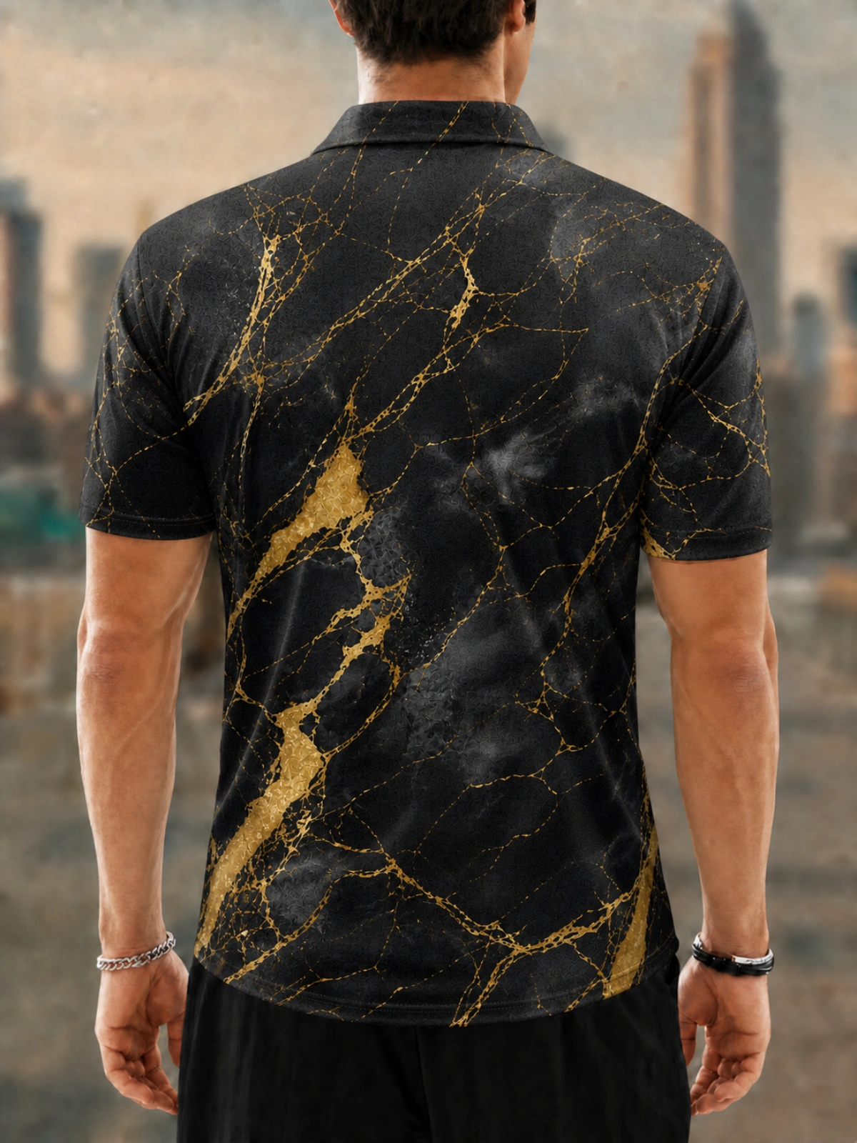 Moisture Wicking Golf Polo 3D Black Gold Kintsugi Marble Texture Button Short Sleeve Golf Polo Shirt