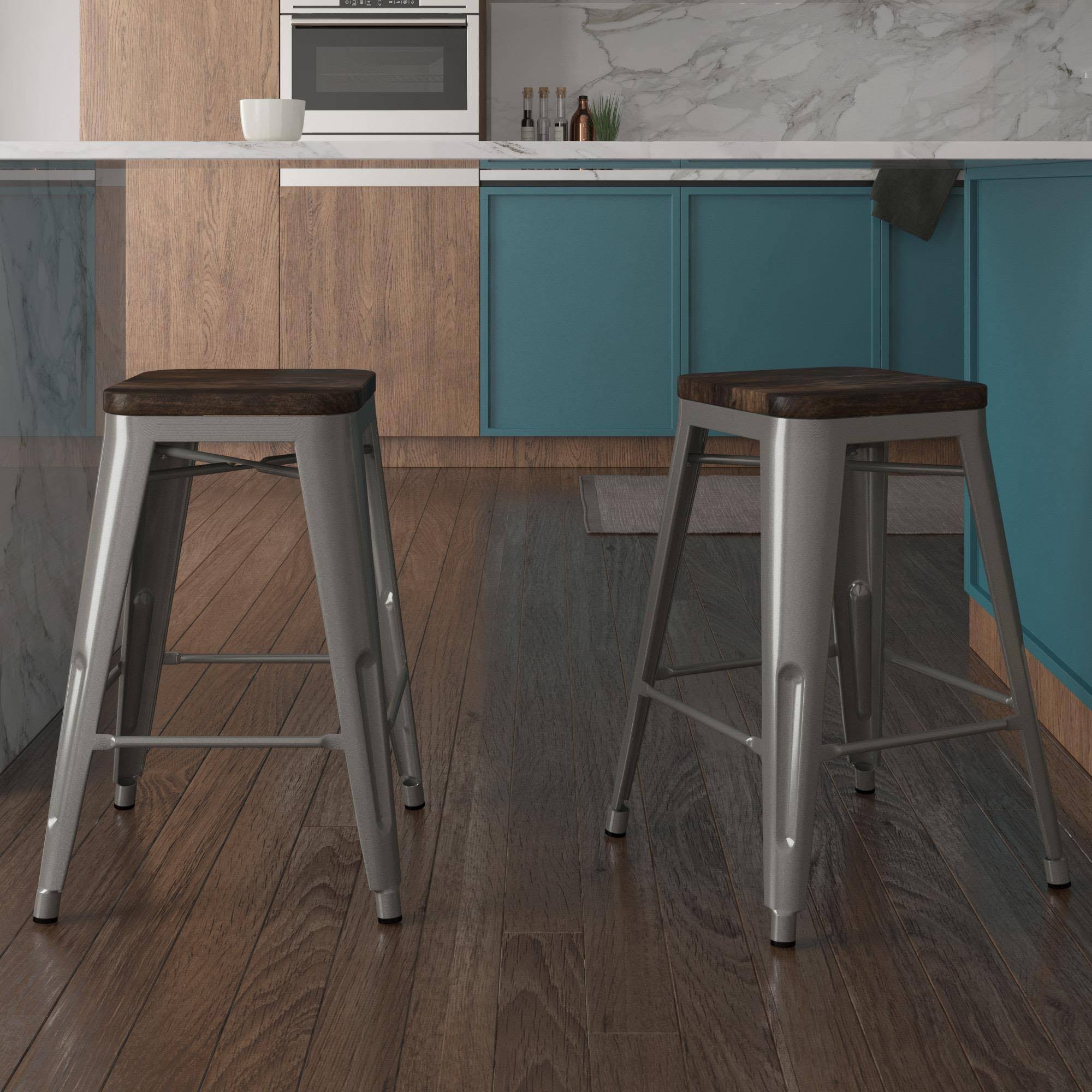 24x22 Fiora Metal Counter Height Barstool with Wood Seat Silver - Room u0026 Joy