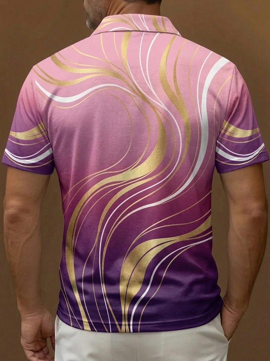 Pink Purple Gradient Gold White Wave Print Short Sleeve Golf Polo Shirt