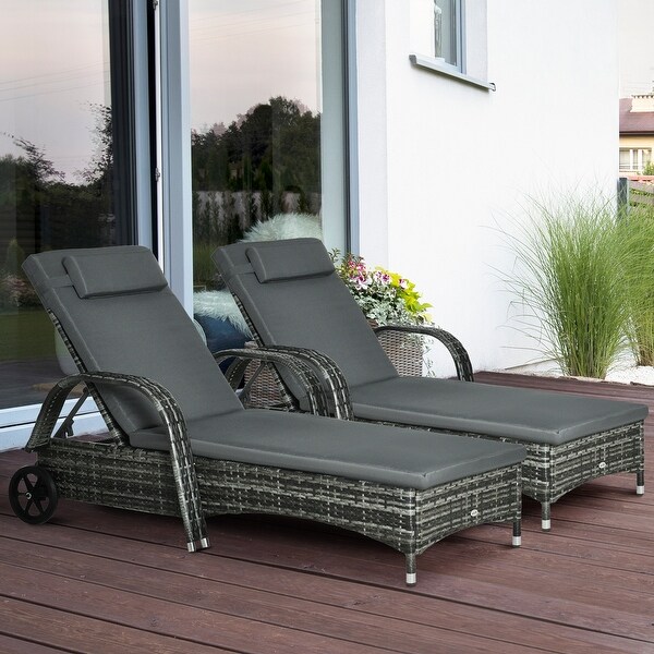 Outsunny Wicker Outdoor Chaise Lounge Set of 2,5Level Adjustable Backrest PE Rattan Pool Lounge Chair with Wheels,Cushion