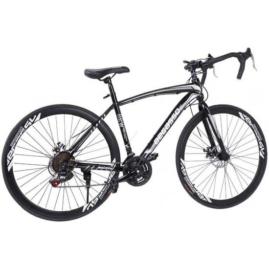 Aluminum Road Bike, 21 Speed Disc Brakes Aluminum Frame Road Bicycles Full Suspension Road Bike, 700c Dual Disk Brake Quick Release Racing Bicycles (Blue/White)