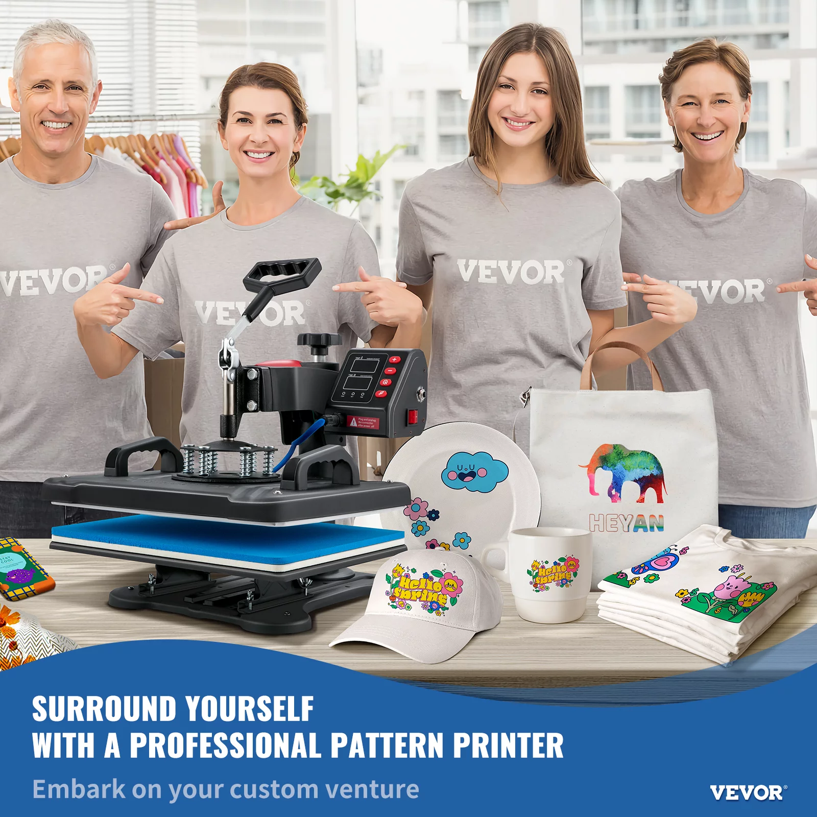 SKYSHALO Heat Press Machine, 12x15inch / 30x38cm, 5IN1 Clamshell Sublimation Transfer Printer with Teflon Coated, Digital Precise Heat Control, Silica-gel Powerpress for T-Shirt Plate Mug Cup
